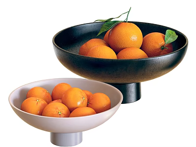 Fresh Ripe Oranges Arranged in Black and White Bowls with Green Leaves 3d model
