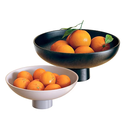 Fresh Ripe Oranges Arranged in Black and White Bowls with Green Leaves 3d model