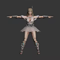 Female Warrior Character In Decorative Armor And Pink Skirt With Arms Outstretched On Gray Background