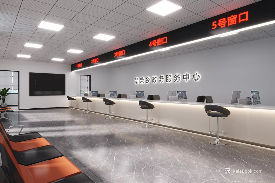 Government Service Hall Interior With Service Counters And Waiting Area 3d model 