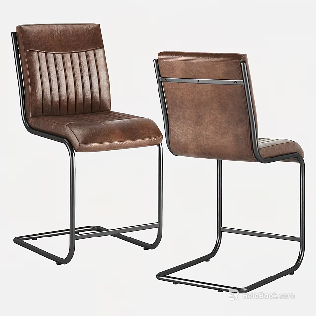 Brown Leather Dining Chairs With Striped Backrest And Black Metal Frame Design 3d model 