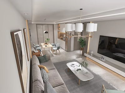 Modern Living And Dining Room Interior With Sofa Coffee Table TV Unit And Chandeliers 3d model