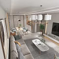 Modern Living And Dining Room Interior With Sofa Coffee Table TV Unit And Chandeliers