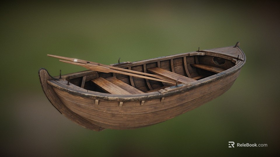 Vintage Wooden Boat With Traditional Hull And Wooden Oars On Deck 3d model 
