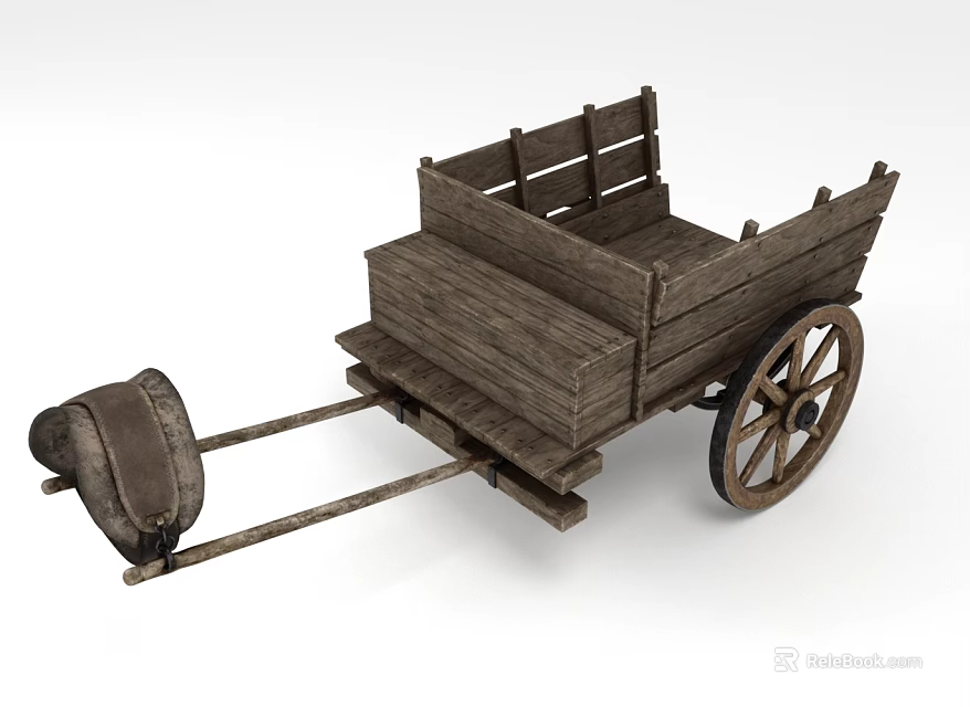 Traditional Wooden Wagon With Open Bed Large Wheels And Wooden Shafts 3d model 