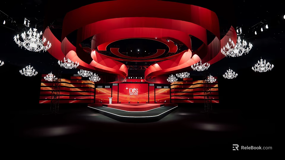 Red Curved Stage Interior With Crystal Chandeliers And Elegant Design Elements 3d model