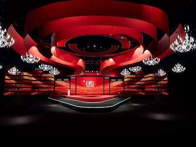 Red Curved Stage Interior With Crystal Chandeliers And Elegant Design Elements 3d model