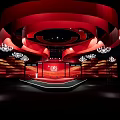 Red Curved Stage Interior With Crystal Chandeliers And Elegant Design Elements 3d model