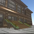 Modern Office Building Exterior With Large Glass Windows Stone Steps And Green Plants