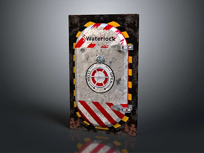 Rusted Metal Waterlock Panel With Striped Warning Edges And Circular Lock Mechanism 3d model