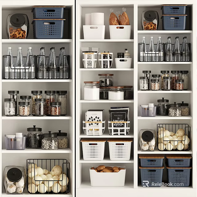 Organized Kitchen Shelves With Glass Jars And Baskets For Dry Foods Storage 3d model 