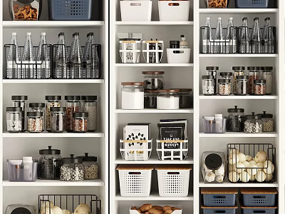 Organized Kitchen Shelves With Glass Jars And Baskets For Dry Foods Storage 3d model