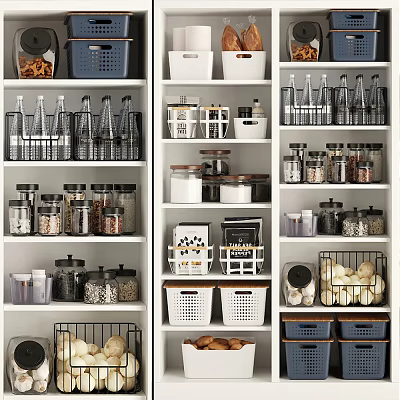 Organized Kitchen Shelves With Glass Jars And Baskets For Dry Foods Storage 3d model Organized Kitchen Shelves With Glass Jars And Baskets For Dry Foods Storage 3d model