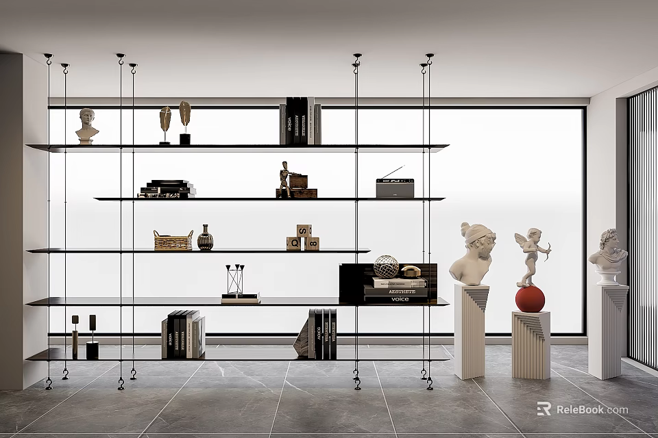 Modern Open Design Glass Bookshelf With Statues Books And Decorations In Bright Room 3d model 