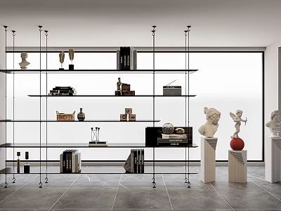 Modern Open Design Glass Bookshelf With Statues Books And Decorations In Bright Room 3d model