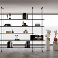 Modern Open Design Glass Bookshelf With Statues Books And Decorations In Bright Room