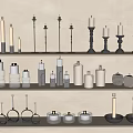 Modern Decorative Ornament Set With Various Candles And Candle Holders On Shelves