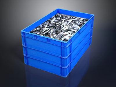 Blue Stackable Plastic Crate Filled With Fresh Silver Fish For Seafood Storage 3d model