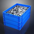 Blue Stackable Plastic Crate Filled With Fresh Silver Fish For Seafood Storage
