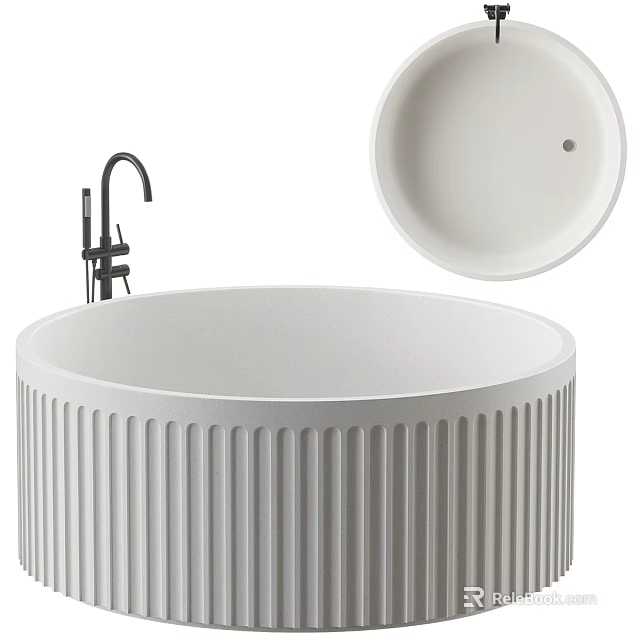 Modern Round Ribbed Bathtub With Matte White Finish Black Faucet And Matching Circular Cover 3d model 