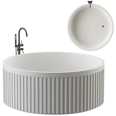 Modern Round Ribbed Bathtub With Matte White Finish Black Faucet And Matching Circular Cover 3d model
