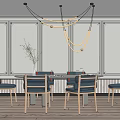 Modern Dining Table Set With Blue Chairs Pendant Light And Vase In Light Wall Interior 3d model