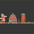 Natural Farm Scene With Red Barn White Windmill Green Field Animals And Wooden Fence