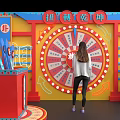 Interactive Fortune Wheel Game Setup With Woman And Red Yellow Decor 3d model