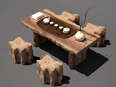 Rustic Wooden Stump Style Tea Table And Chairs With Tea Set Tray And Vase 3d model