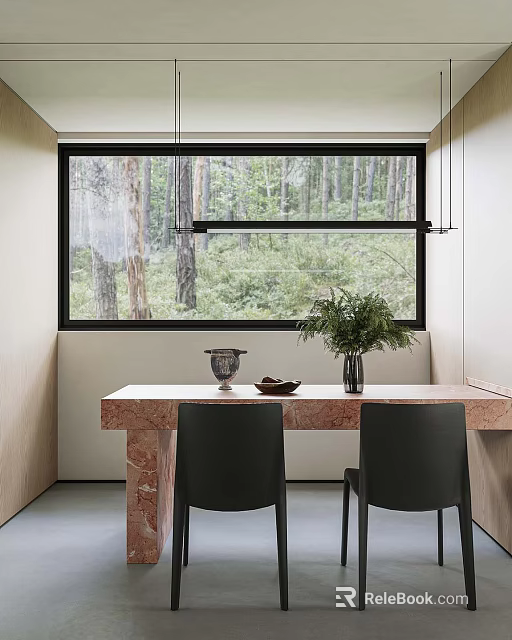 Modern Dining Table Set With Marble Top Black Chairs Vase And Large Window Wooded View 3d model 