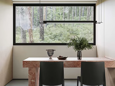 Modern Dining Table Set With Marble Top Black Chairs Vase And Large Window Wooded View 3d model