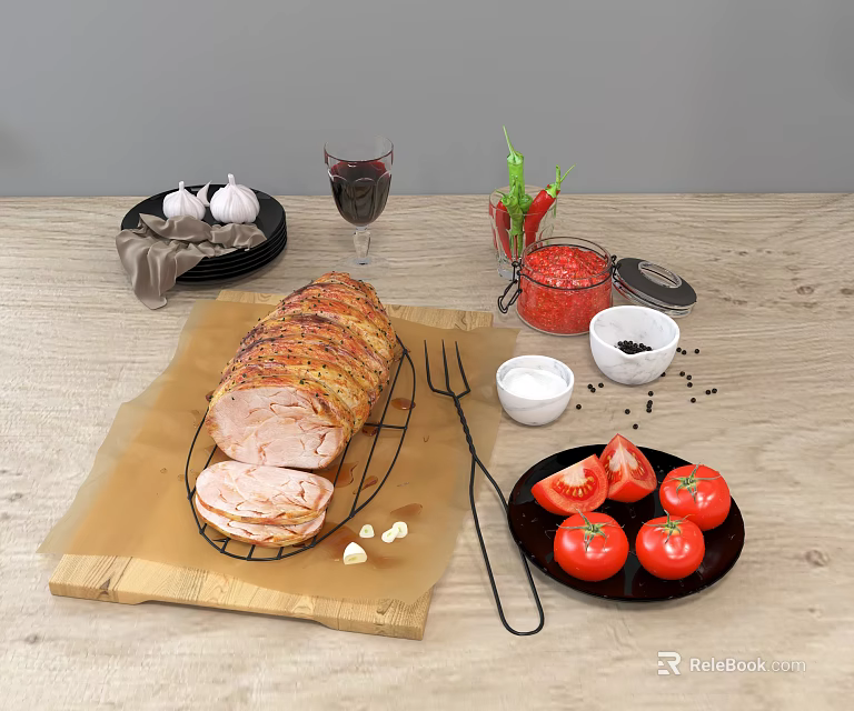 Roasted Sliced Ham With Fresh Tomatoes Red Sauce Black Pepper And Garlic On Wooden Table 3d model 
