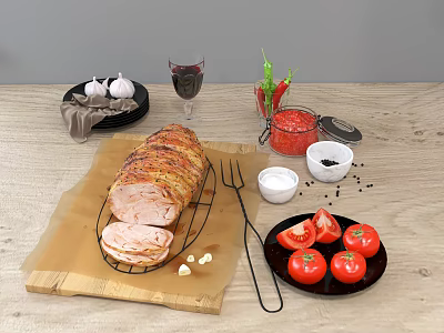 Roasted Sliced Ham With Fresh Tomatoes Red Sauce Black Pepper And Garlic On Wooden Table 3d model