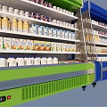 Commercial Display Refrigerators in Green Blue and White with Organized Shelves of Beverages and Food