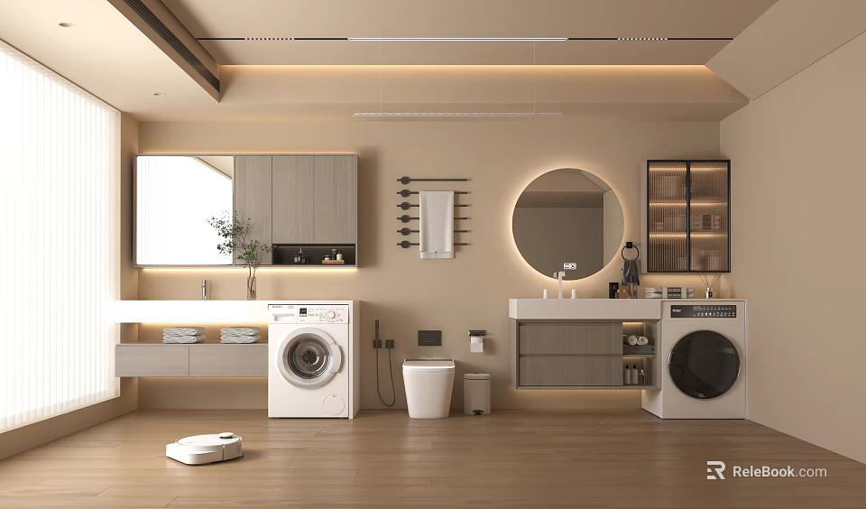 Modern Bathroom Vanity With Round Mirror Gray Cabinets Washing Machine And Dryer 3d model 