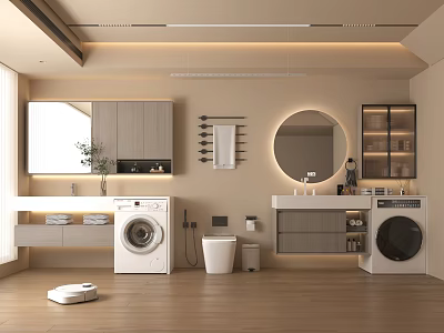 Modern Bathroom Vanity With Round Mirror Gray Cabinets Washing Machine And Dryer 3d model