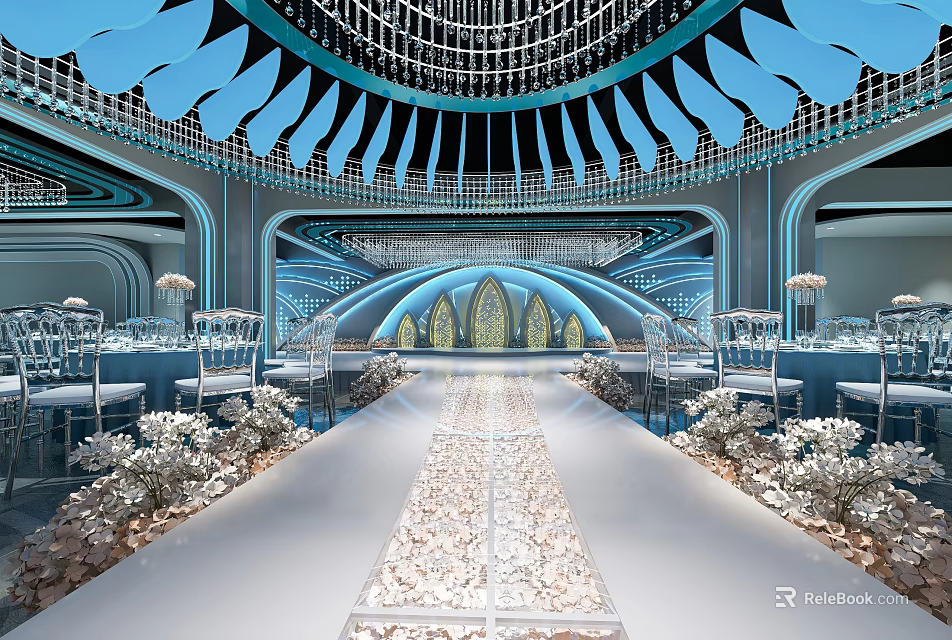 Grand Banquet Hall Interior Design With Fan shaped Ceiling Crystal Chandeliers And Central Aisle 3d model 