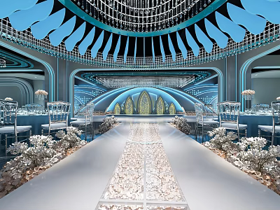 Grand Banquet Hall Interior Design With Fan shaped Ceiling Crystal Chandeliers And Central Aisle 3d model