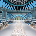 Grand Banquet Hall Interior Design With Fan shaped Ceiling Crystal Chandeliers And Central Aisle