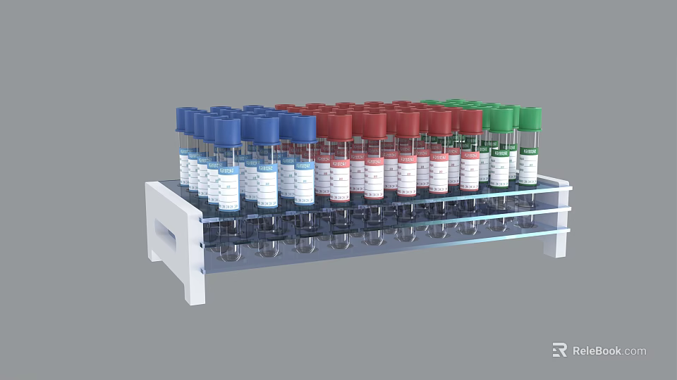 Medical Device White Rack With Organized Test Tubes Colorful Caps Blue Red Green Transparent Containers 3d model 