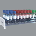 Medical Device White Rack With Organized Test Tubes Colorful Caps Blue Red Green Transparent Containers
