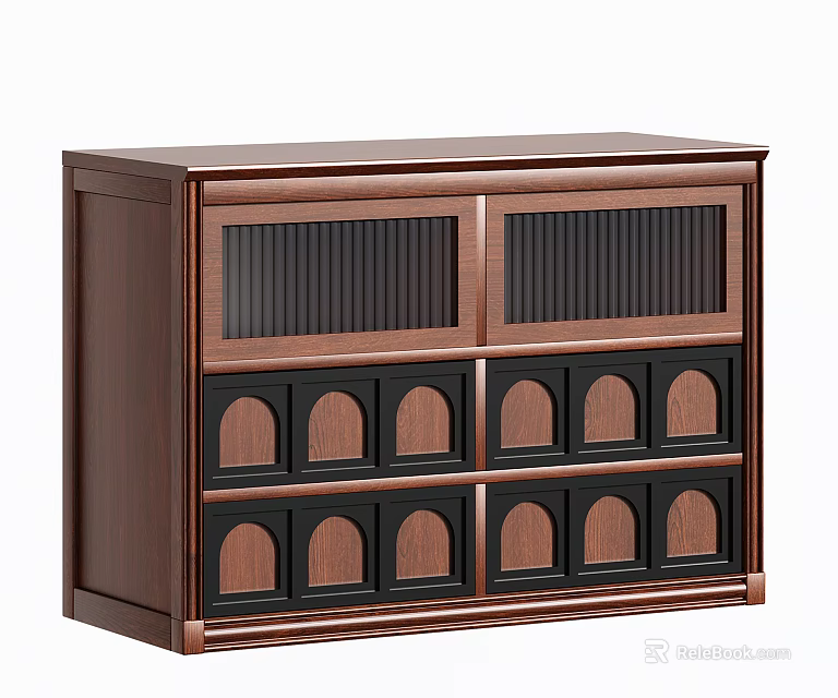 Dark Brown Wooden Storage Cabinet With Vertical Slat Doors And Arched Compartments 3d model 