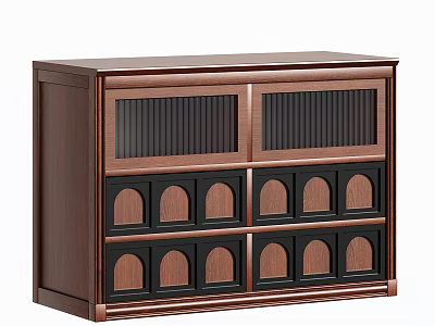 Dark Brown Wooden Storage Cabinet With Vertical Slat Doors And Arched Compartments 3d model