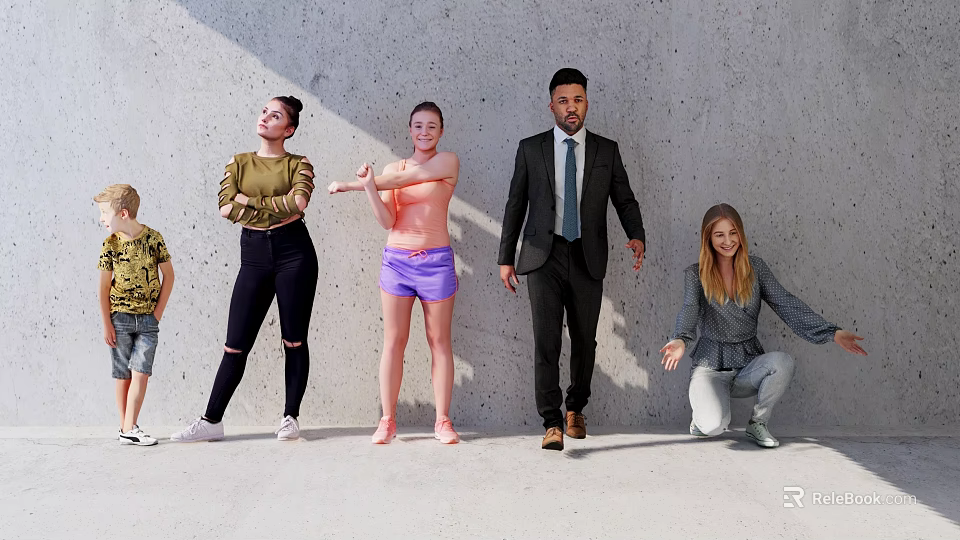 Group of Diverse People Posing and Interacting Against Gray Wall With Casual And Formal Attire 3d model 