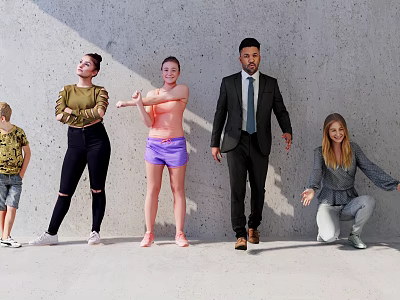 Group of Diverse People Posing and Interacting Against Gray Wall With Casual And Formal Attire 3d model