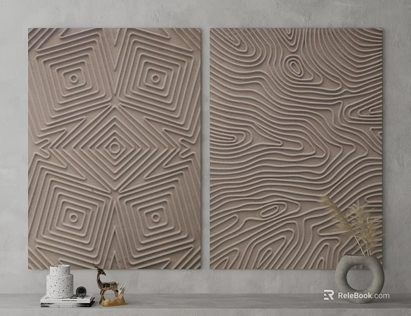 Light Brown Textured Decorative Paintings With Geometric And Wavy Patterns Wall Decor 3d model