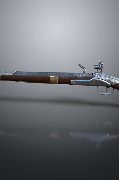 Antique Flintlock Pistol Featuring Wooden Grip And Polished Metal Barrel Design 3d model