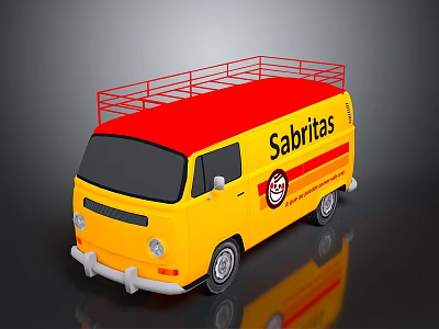 Vintage Yellow Bus With Red Roof And Metal Rack 3d model