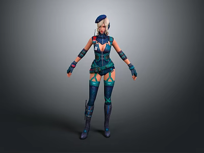 Detailed Female Game and Movie Character in Blue Decorative Outfit with Gloves and Boots 3d model