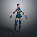 Detailed Female Game and Movie Character in Blue Decorative Outfit with Gloves and Boots